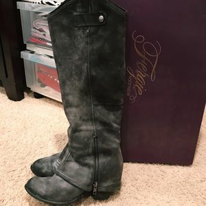 Gray distressed Fergie riding boots